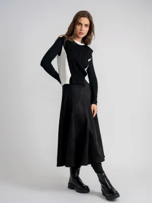 Hand Stitched Ginger Black Suede Midi Crinkle Pleated Skirt WB5CPT7289M