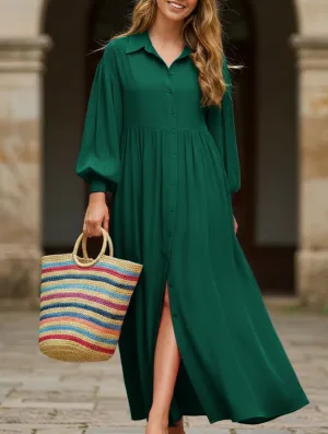 Clear Blush Button-Down Lapel Pleated Long-Sleeve Maxi Dress