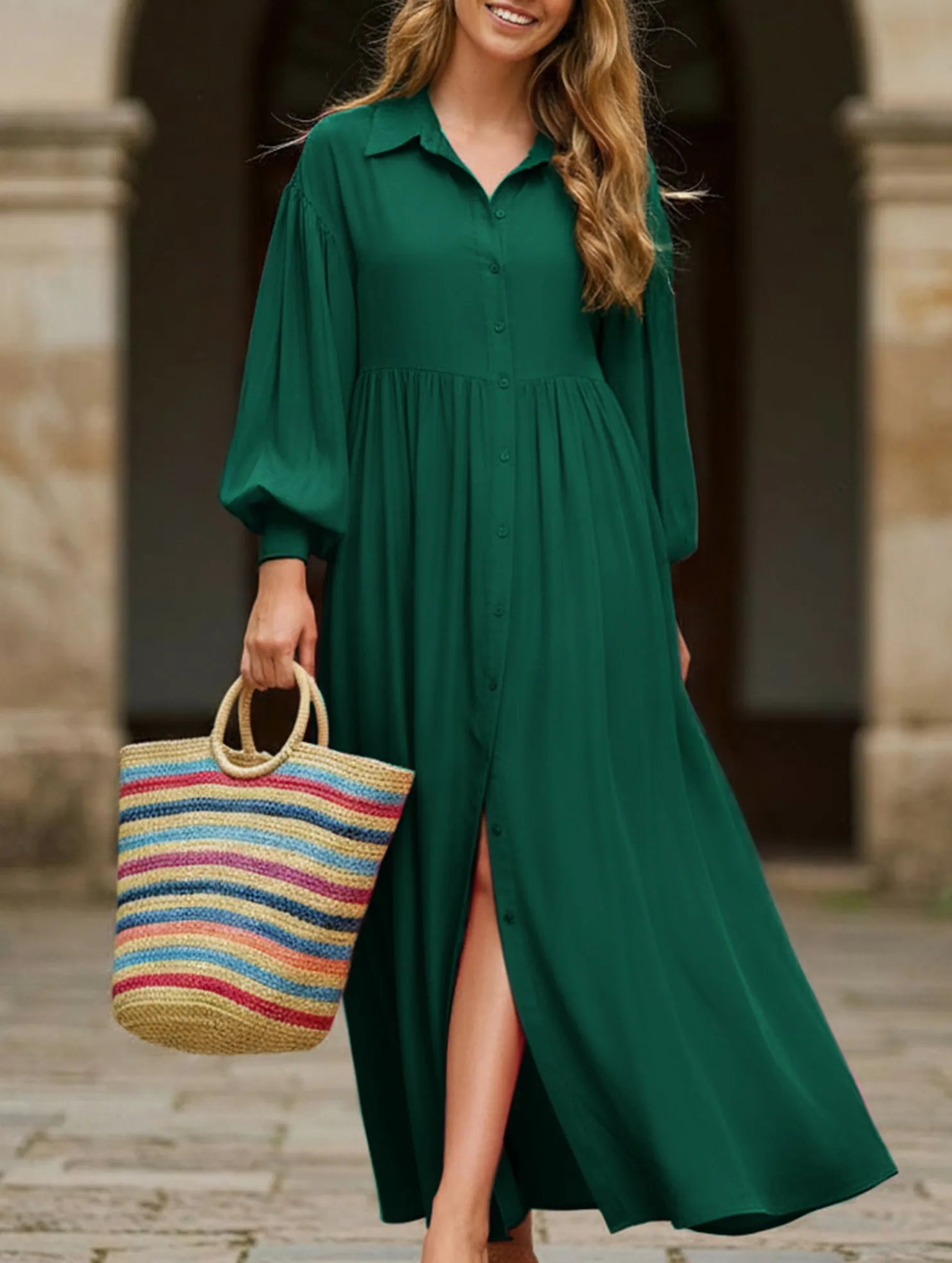Button-Down Lapel Pleated Long-Sleeve Maxi Dress Warm Undertone Sculpted Form