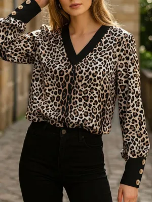Slim Fit Shirt Regular Fit New leopard print long-sleeved V-neck top