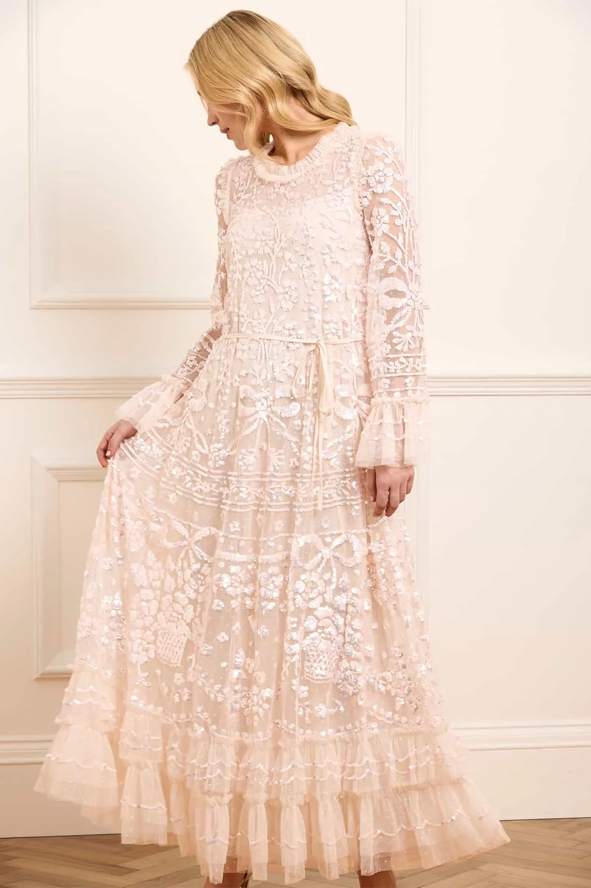 Striped-Pattern Silky Touch Celia Long Sleeve Ankle Gown