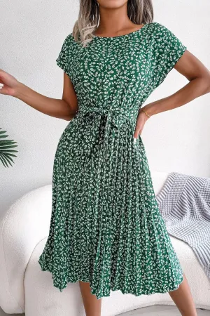 Sleeveless CASUAL SHORT SLEEVE FLORAL LARGE PLEATED DRESS_CWDSD2554