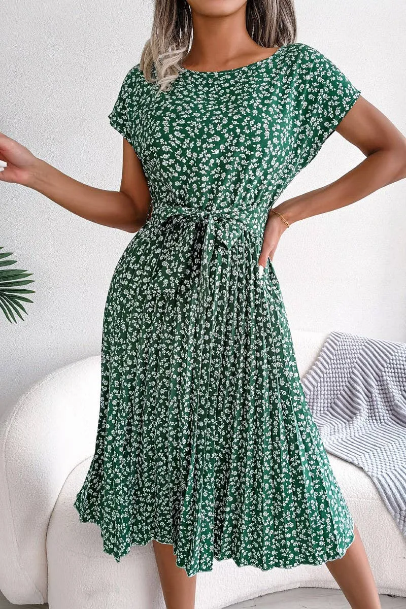Sleeveless CASUAL SHORT SLEEVE FLORAL LARGE PLEATED DRESS_CWDSD2554