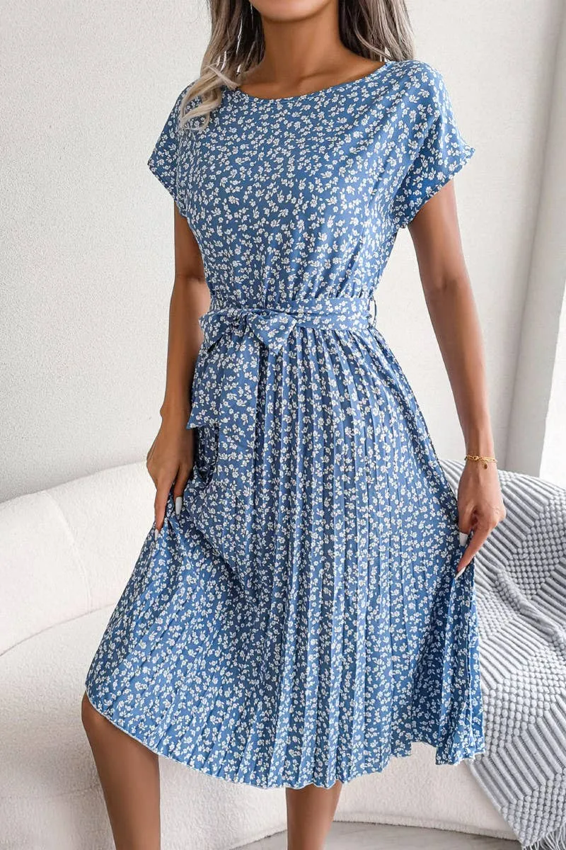 petite size CASUAL SHORT SLEEVE FLORAL LARGE PLEATED DRESS_CWDSD2554