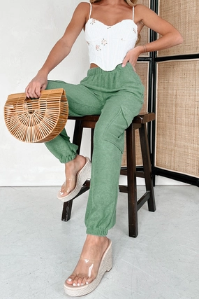 No Gap Waistband Marcelina French Terry Cargo Joggers (Olive Teal)