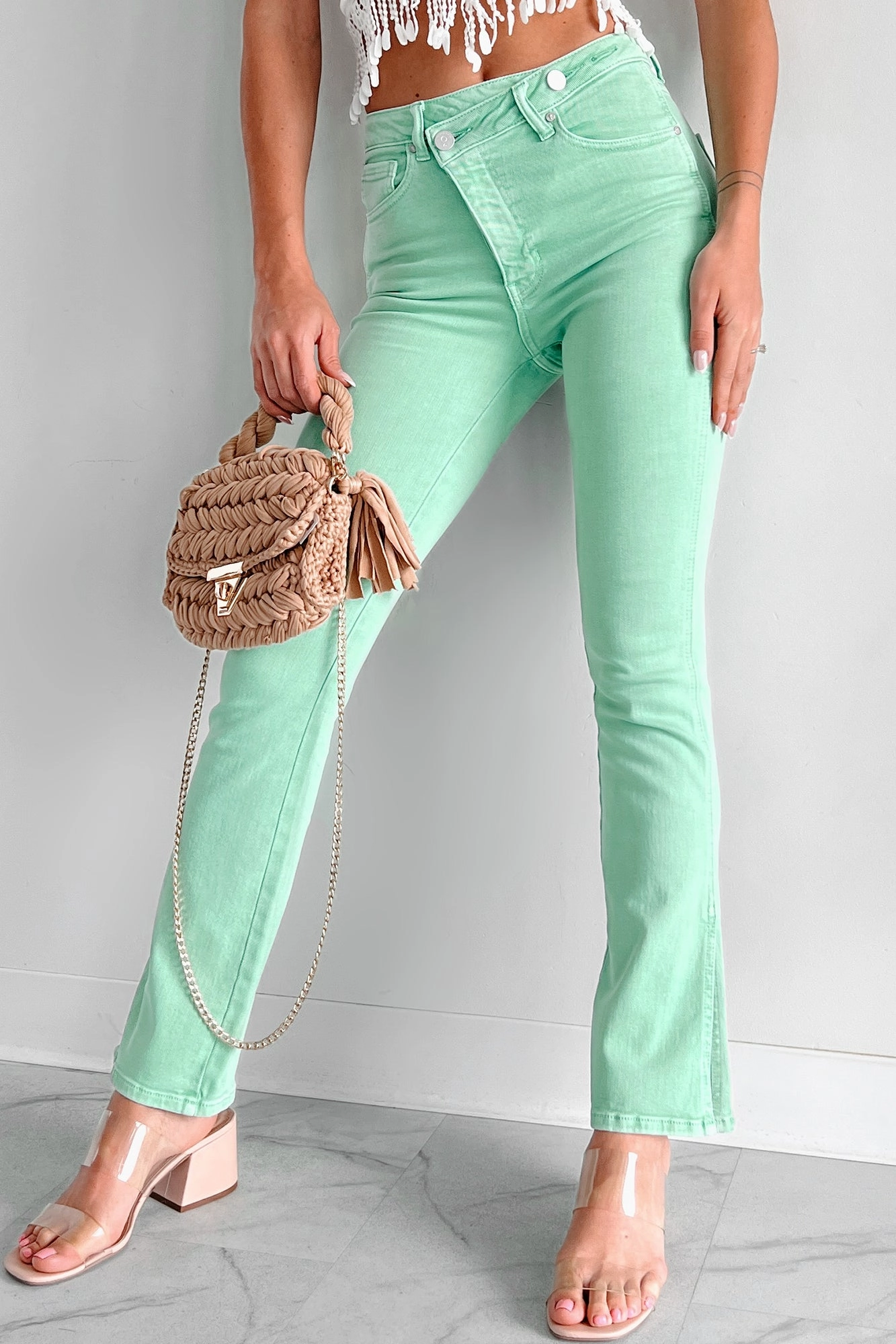 Christos Cross-Over Waist Bootcut Jeans (Green) Quick Comfort Fit Chic Comfort