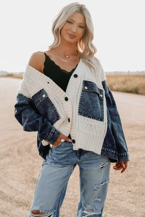 Youth High Collar Support Not Built Basic Cable Knit Denim Cardigan (Ivory/Multi)