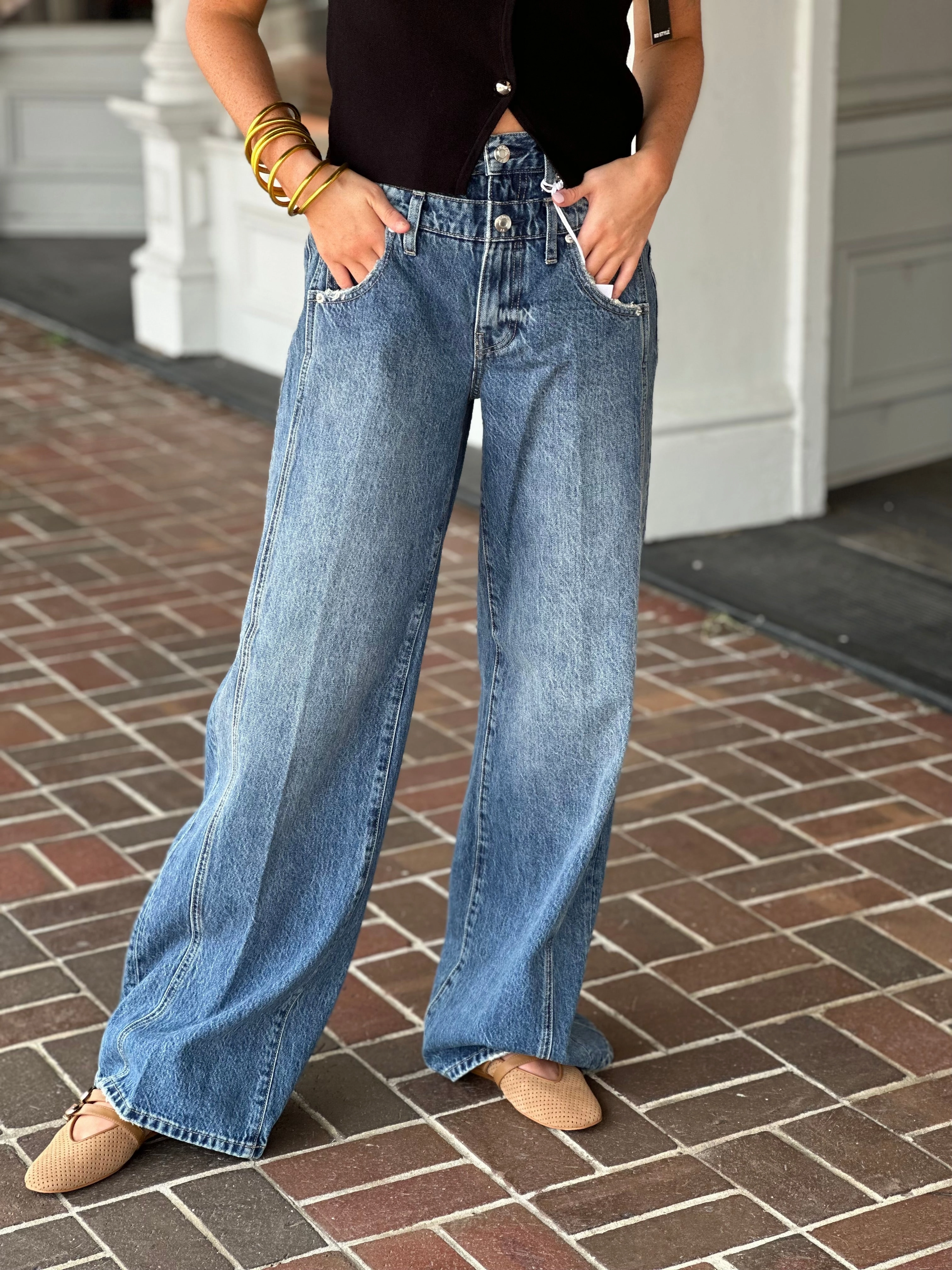 Any Time Wear Bold Look Parent Style Pistola Caleb High Rise Stacked Waist Jean in Echo
