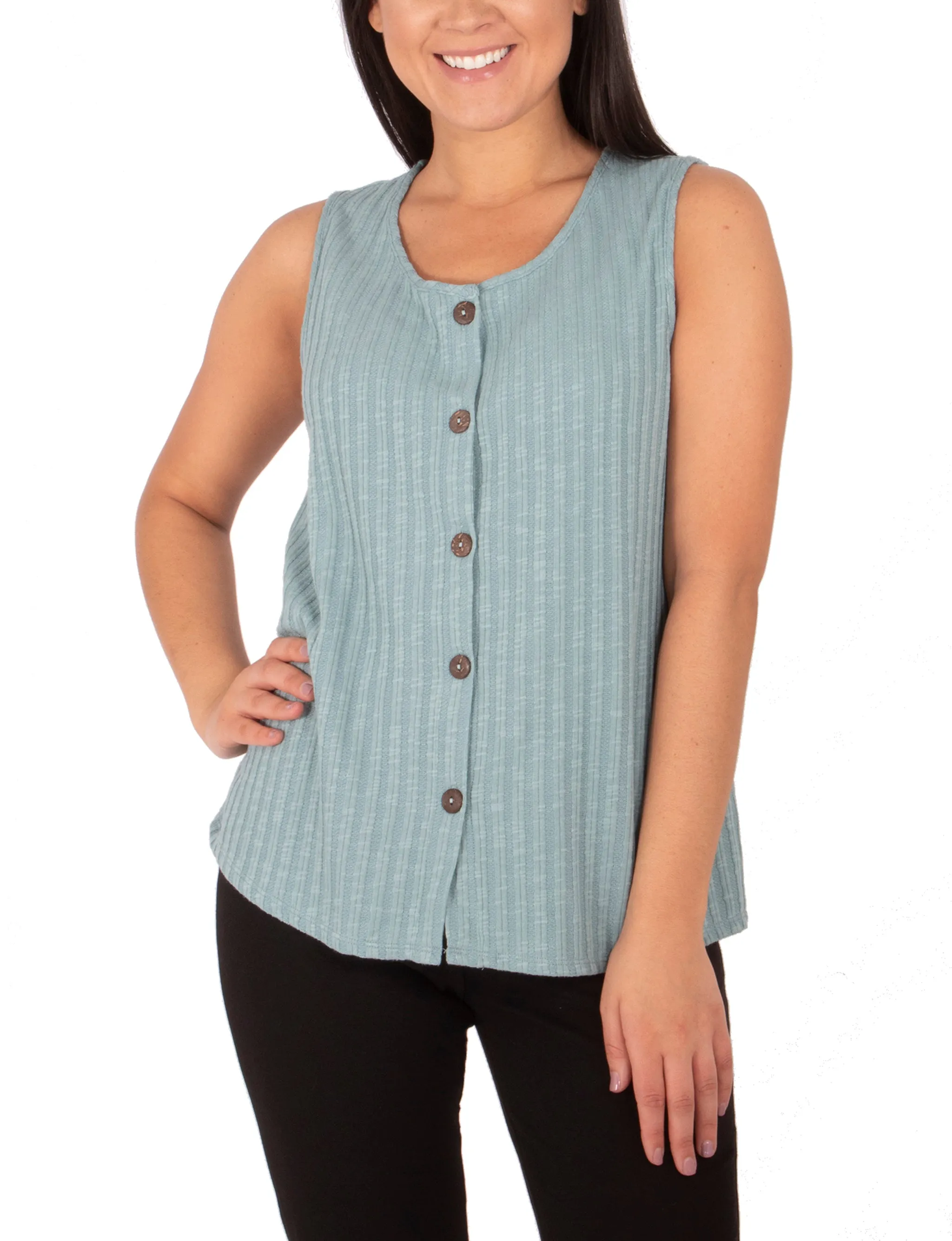 Circular Knit Technique Sleeveless Button Front Top