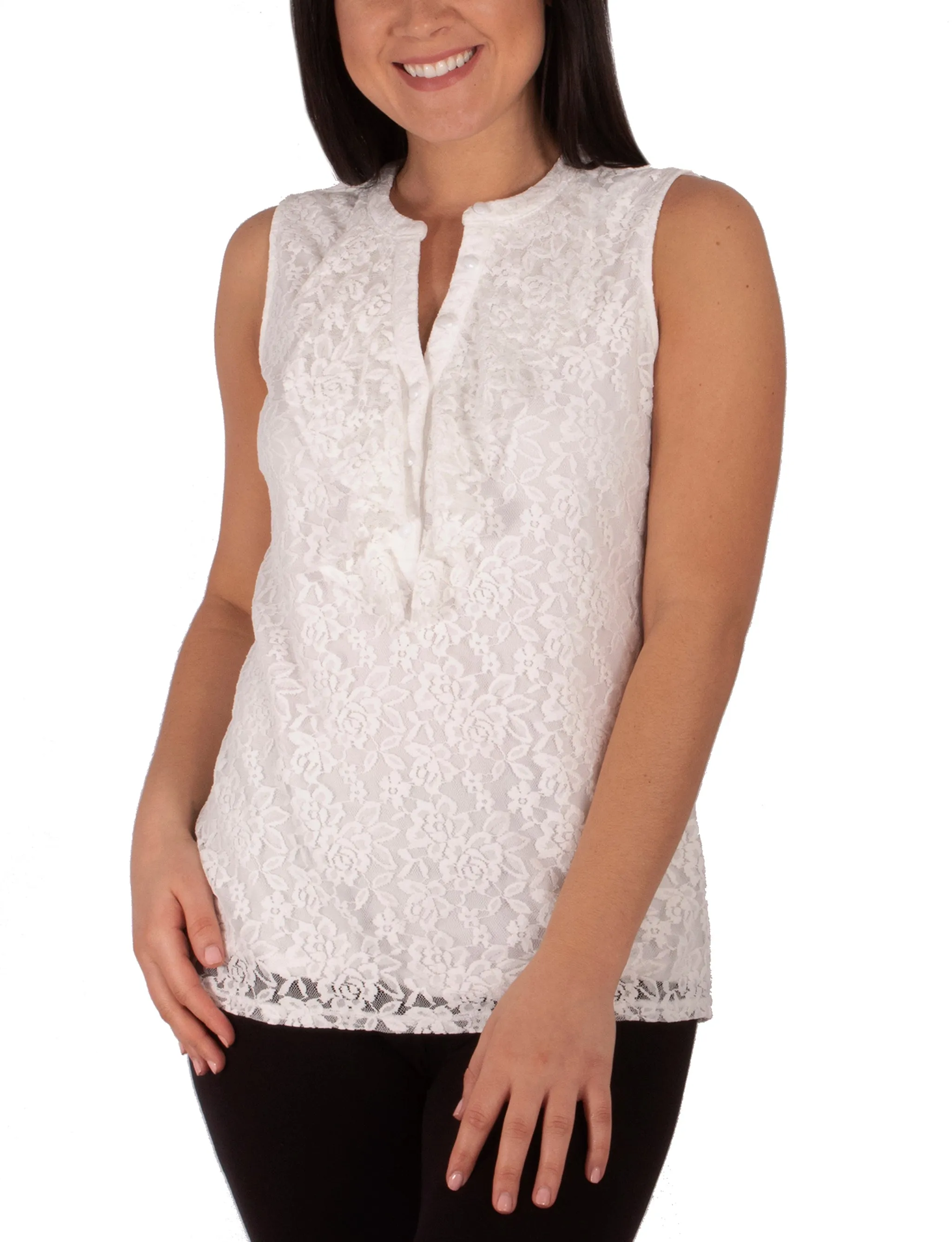 Sleeveless Lace Ruffle Front Y Neck Top Ventilated Back Panels YarnDyed Stripes