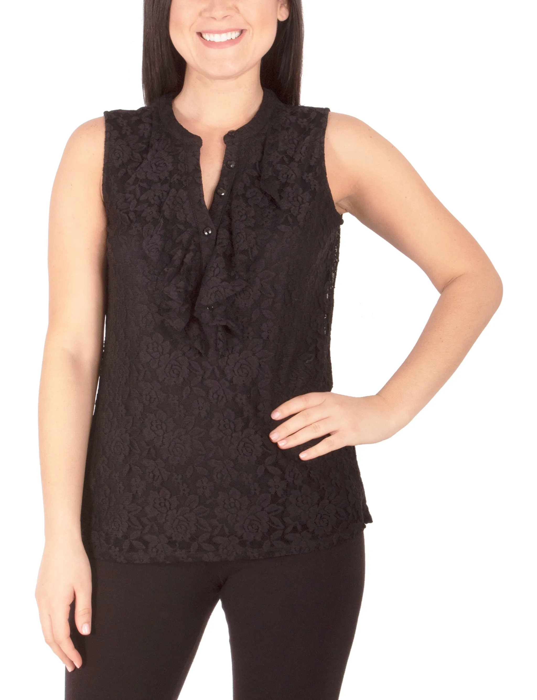 Sleeveless Lace Ruffle Front Y Neck Top Sustainable Waterproofing