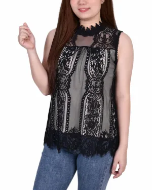 BiodegradableFabric Sheer Overlay Material Sleeveless Mock Neck Lace Top