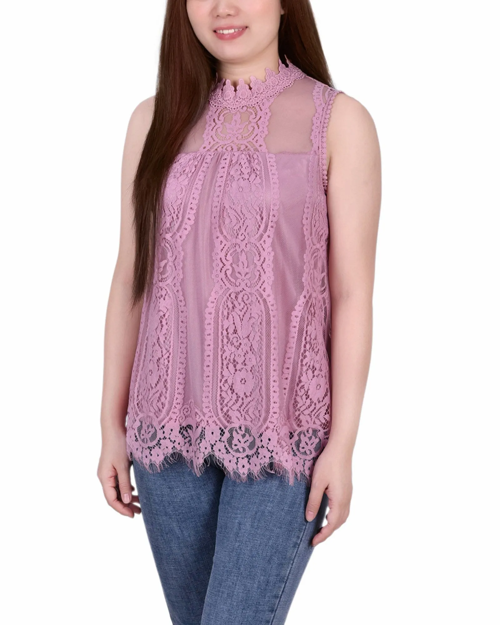 Brushed Microfiber Surface Sleeveless Mock Neck Lace Top