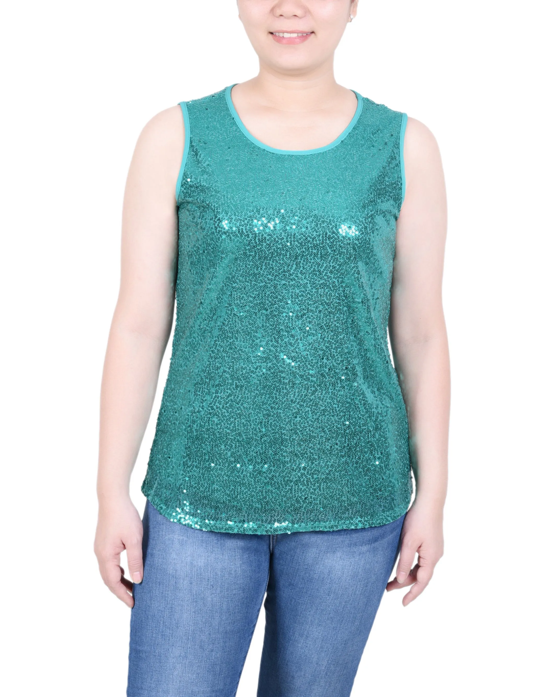 Tagless Neckline Design Stylish Tank Sleeveless Sequined Tank Top With Combo Banding