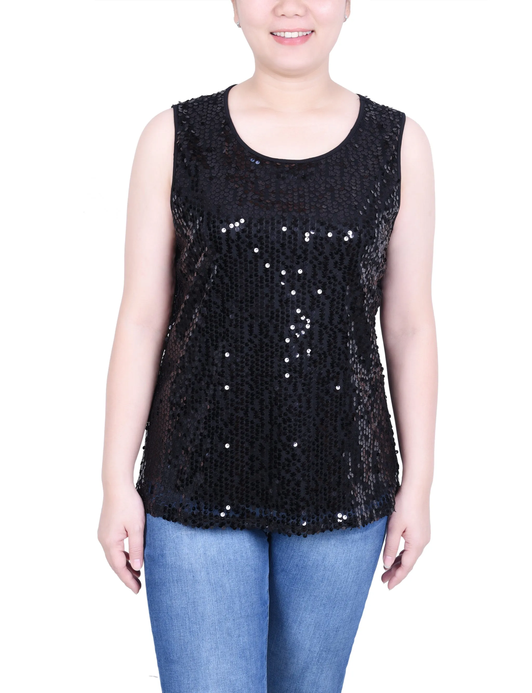Athletic Look Sleeveless Sequined Tank Top With Combo Banding