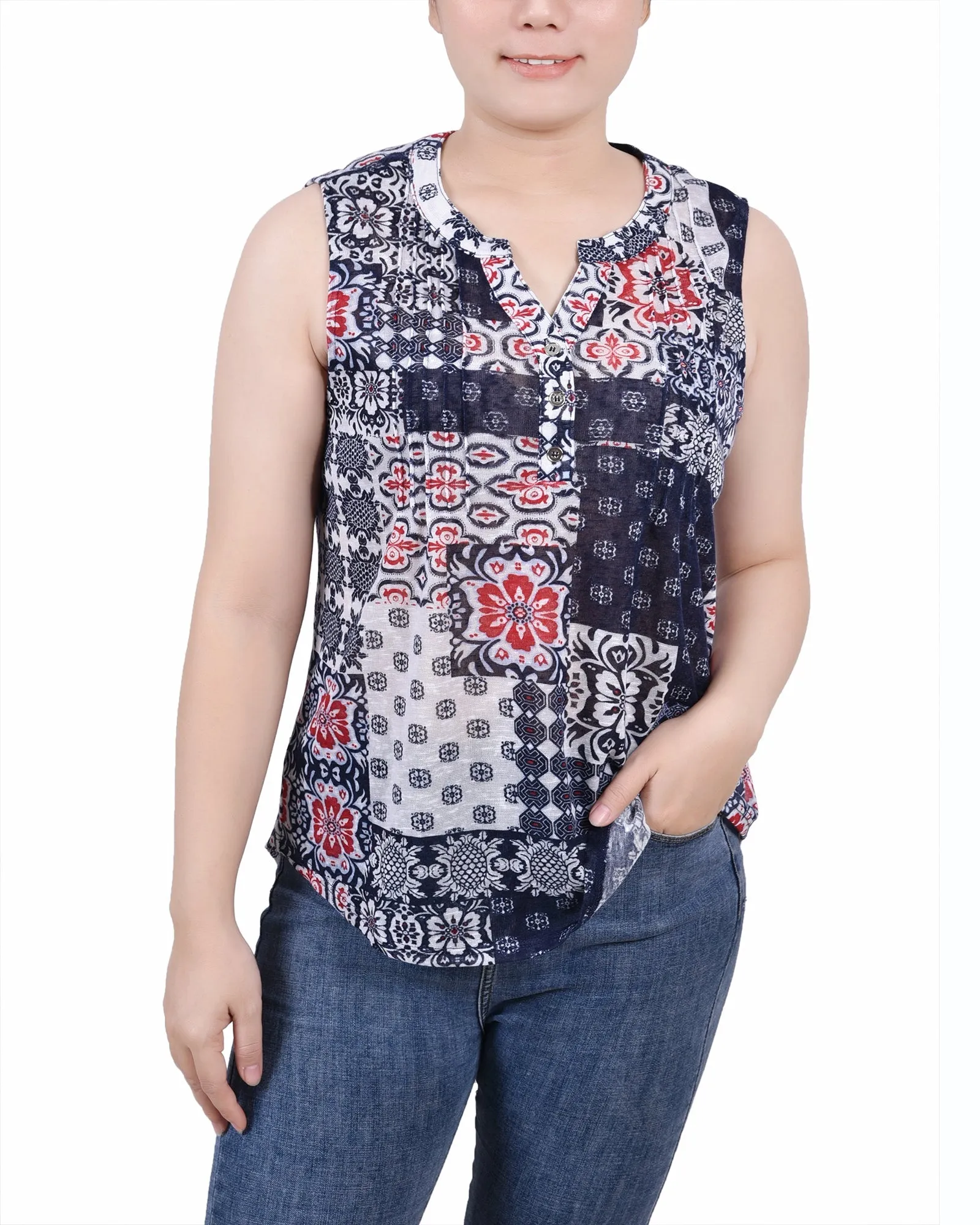 Sleeveless Slub Knit Y Neck Top ReinforcedArmholes