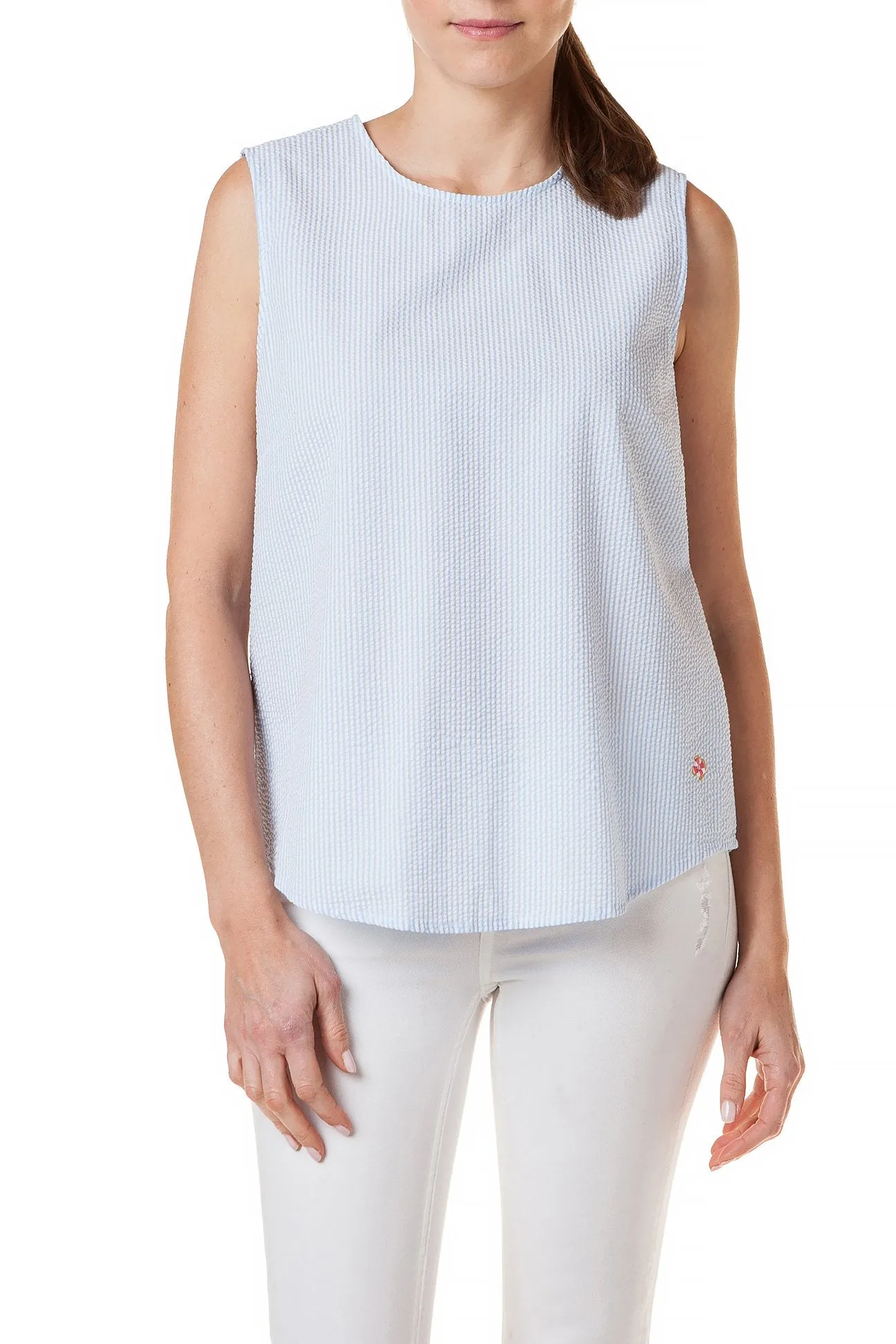 Stretch Woven Material Sleeveless Top Blue Seersucker