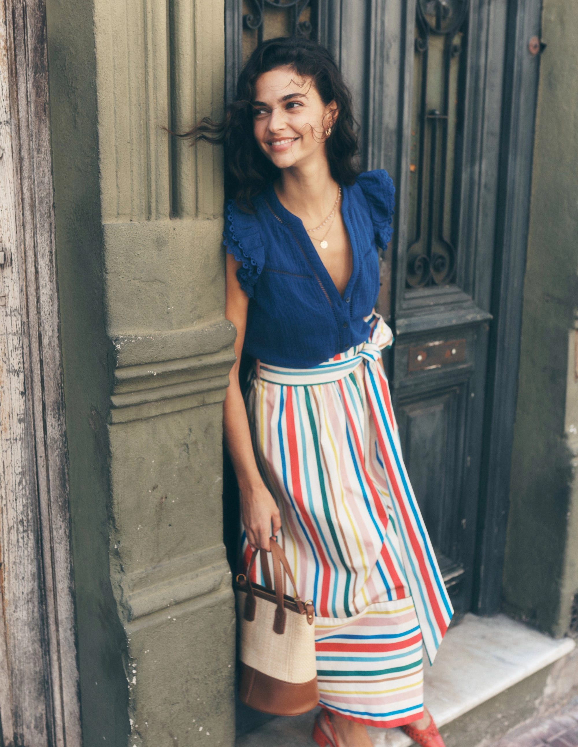 Sleeveless Double Cloth Top-Starboard Blue Casual Tee Asymmetrical hem