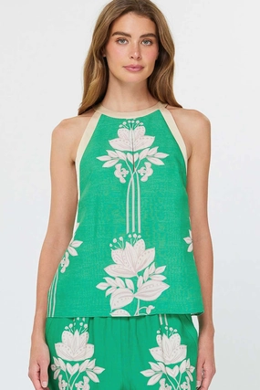 Odor Resistant Technology Ventilated Side Panels Sleeveless Green Floral Top