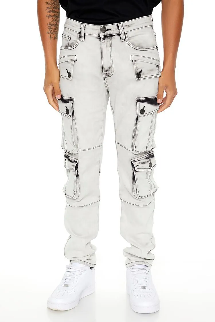 Slim-Fit Acid Wash Cargo Jeans