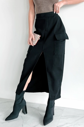 Stretch Panel Stay Dry Setting New Standards Brushed Knit Cargo Midi Skirt (Black)