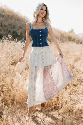 Performance Ready MoistureWickingFabric Moonlit Path Patchwork Maxi POL Skirt (Blue/Multi)
