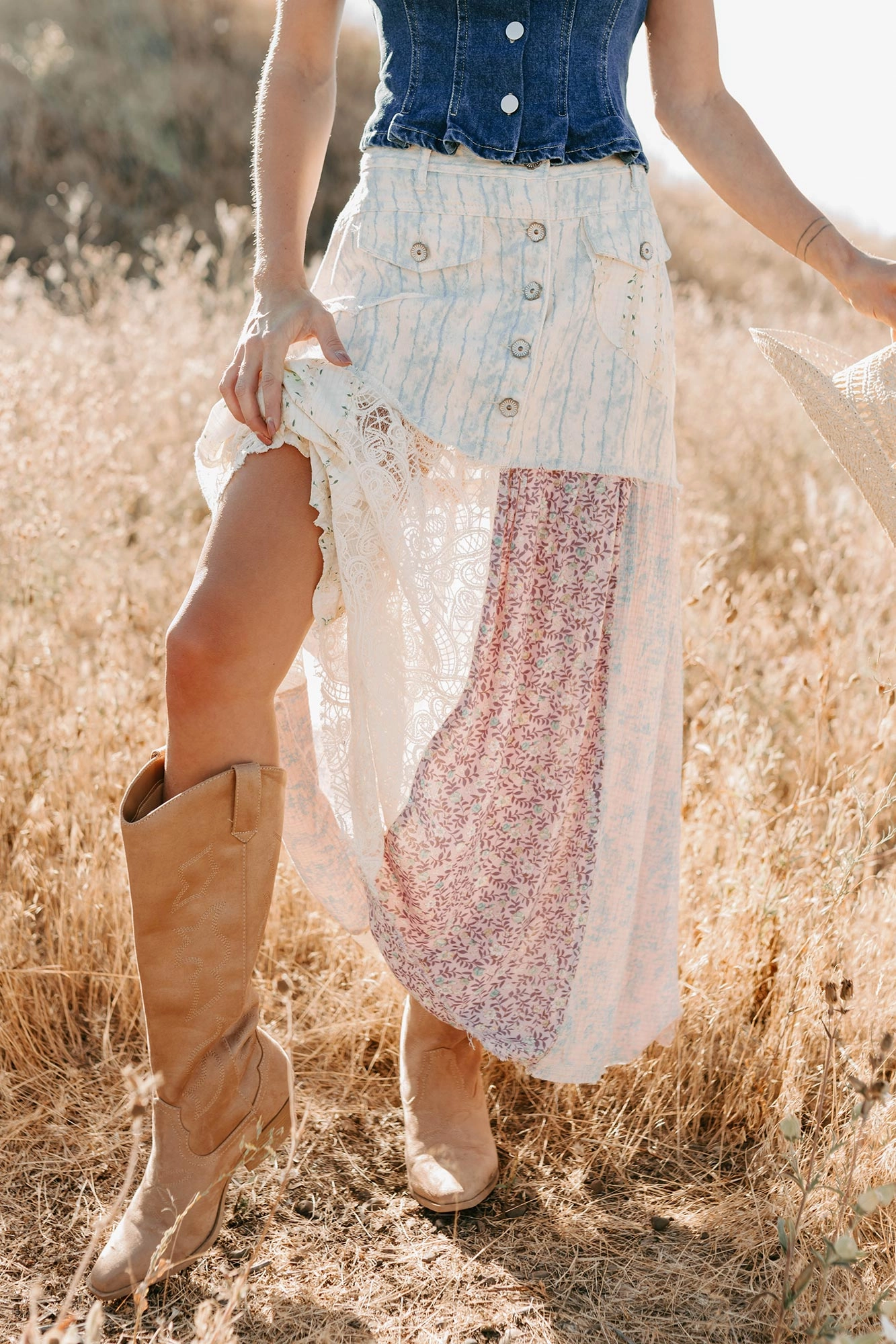 Fashionable Waist Moonlit Path Patchwork Maxi POL Skirt (Blue/Multi)