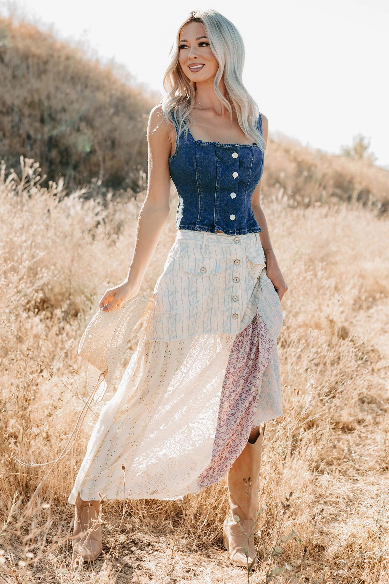 Moonlit Path Patchwork Maxi POL Skirt (Blue/Multi) OrganicCottonBlend