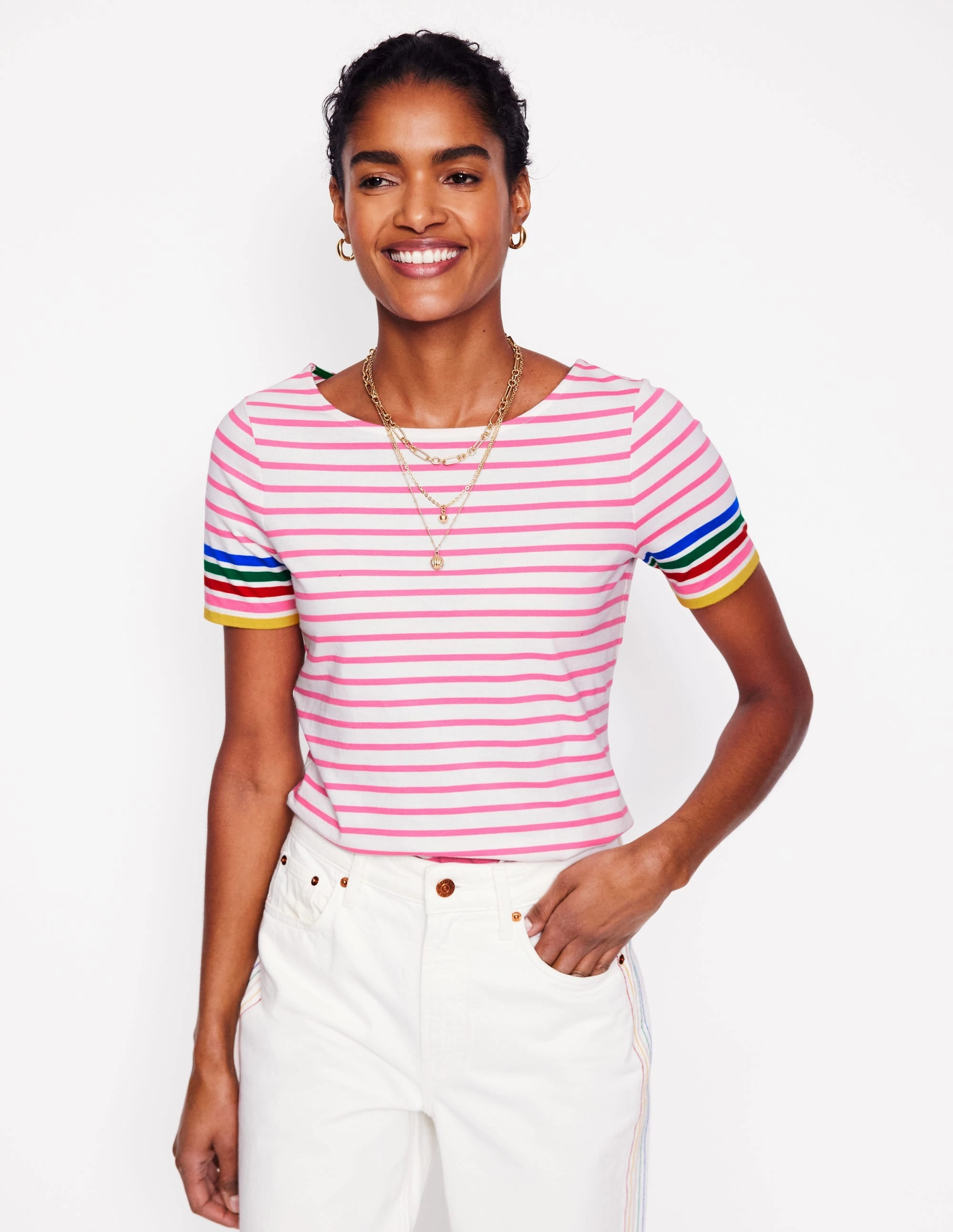 Ella Short Sleeve Breton-Pink Rose Multi Sleeve Stripe EcoDyeProcess Contemporary Cut