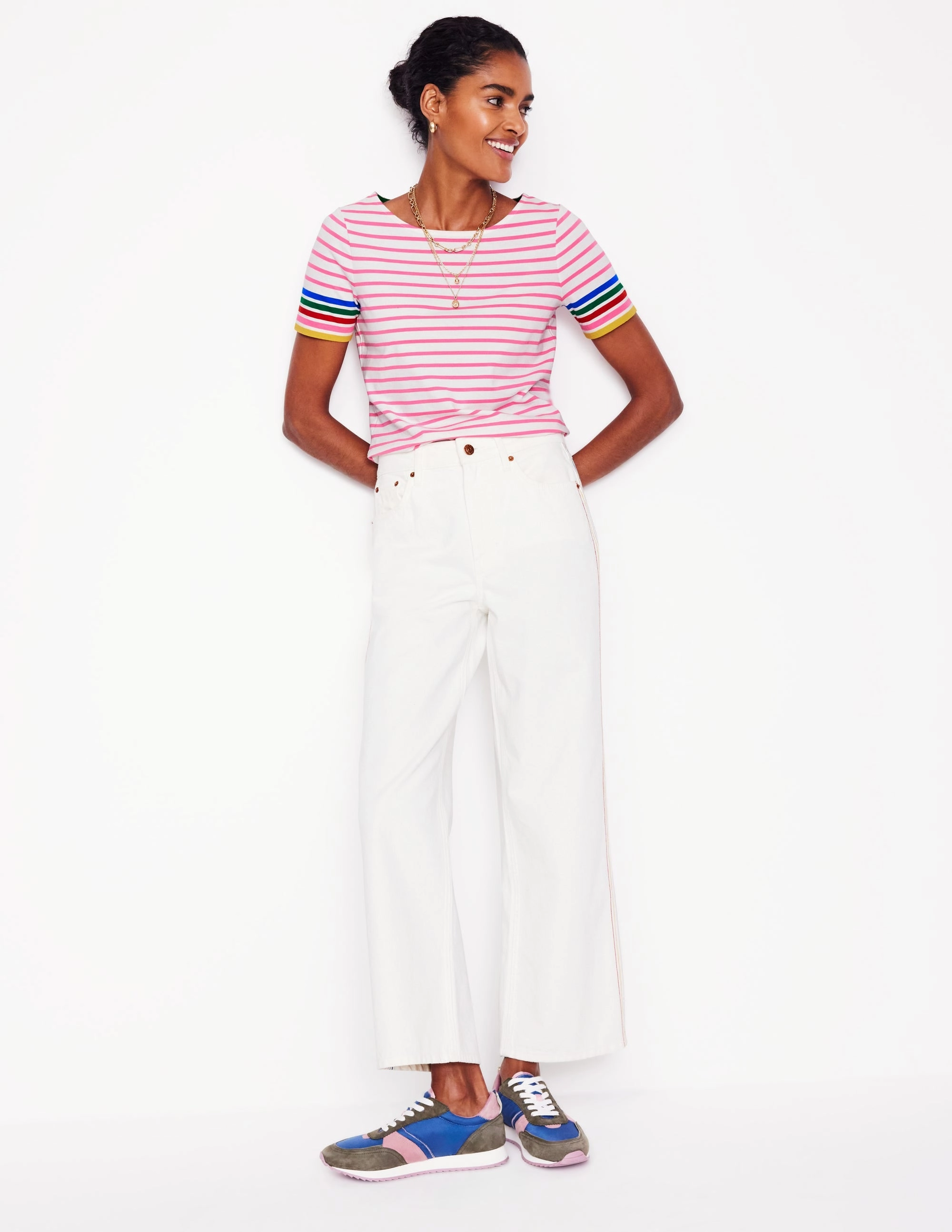 Ella Short Sleeve Breton-Pink Rose Multi Sleeve Stripe Wear Resistant Fabric SecurePockets