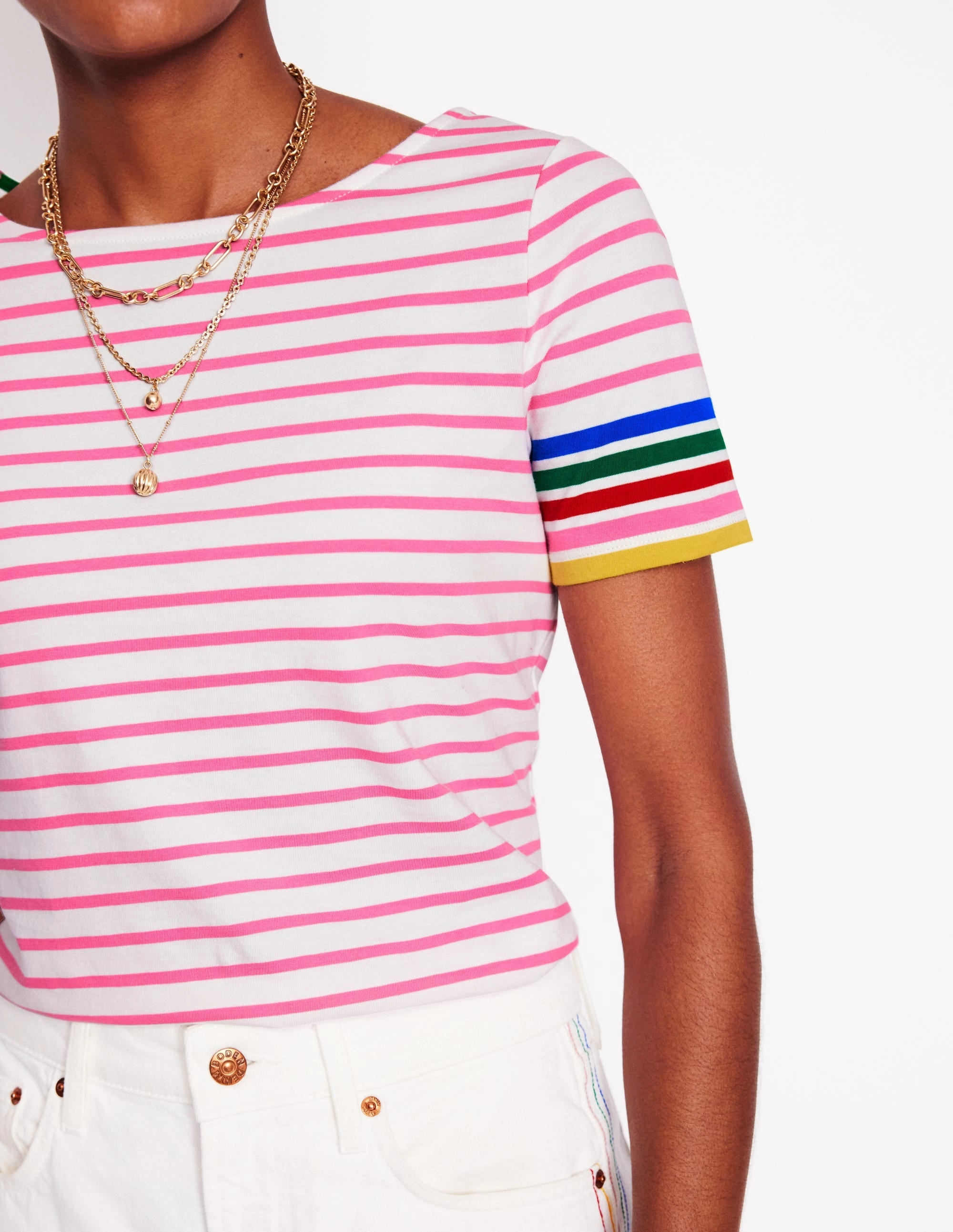 Non Chafing Edges VNeck Style Ella Short Sleeve Breton-Pink Rose Multi Sleeve Stripe