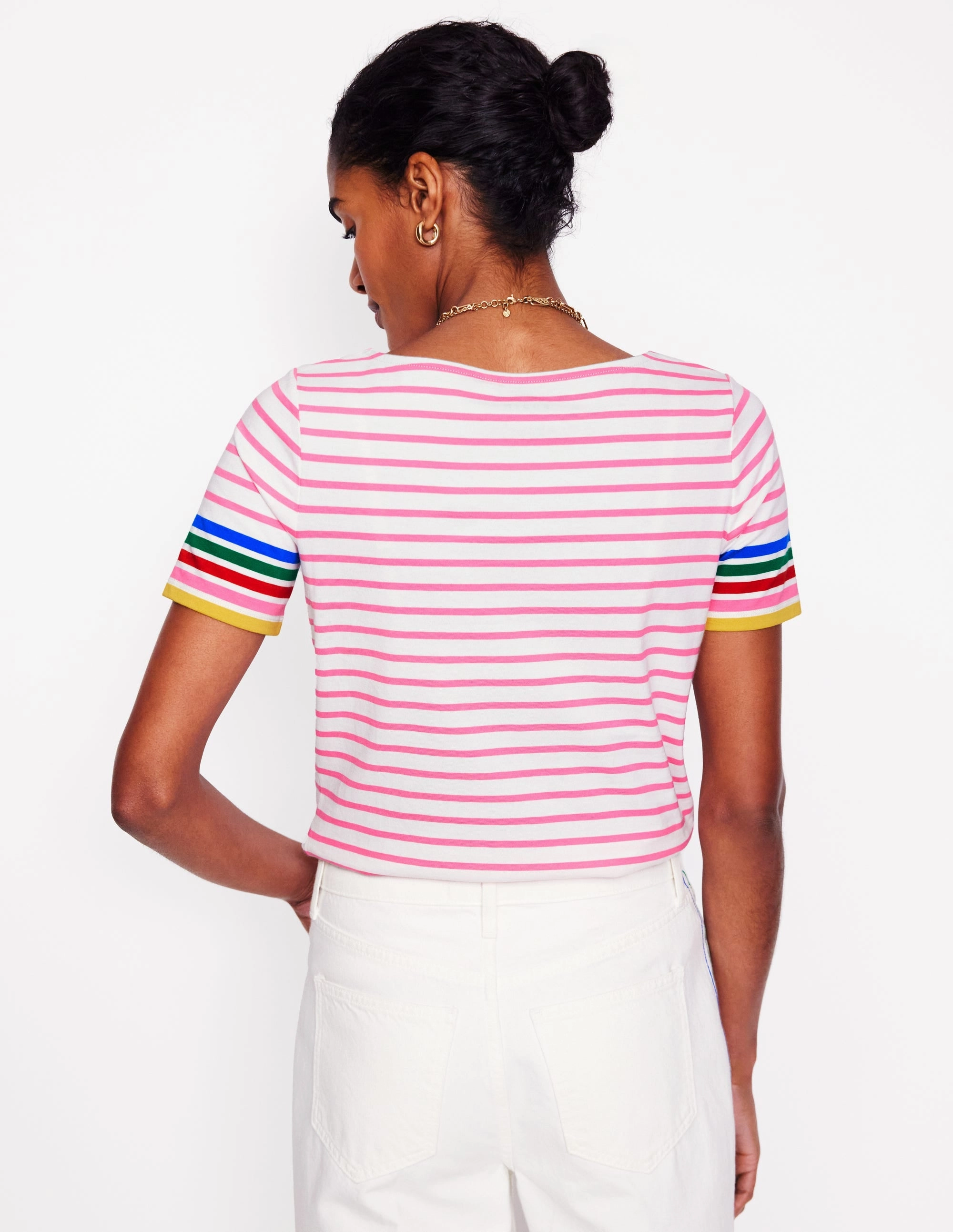 Noise Reduced Zipper Summer Blouse Ella Short Sleeve Breton-Pink Rose Multi Sleeve Stripe