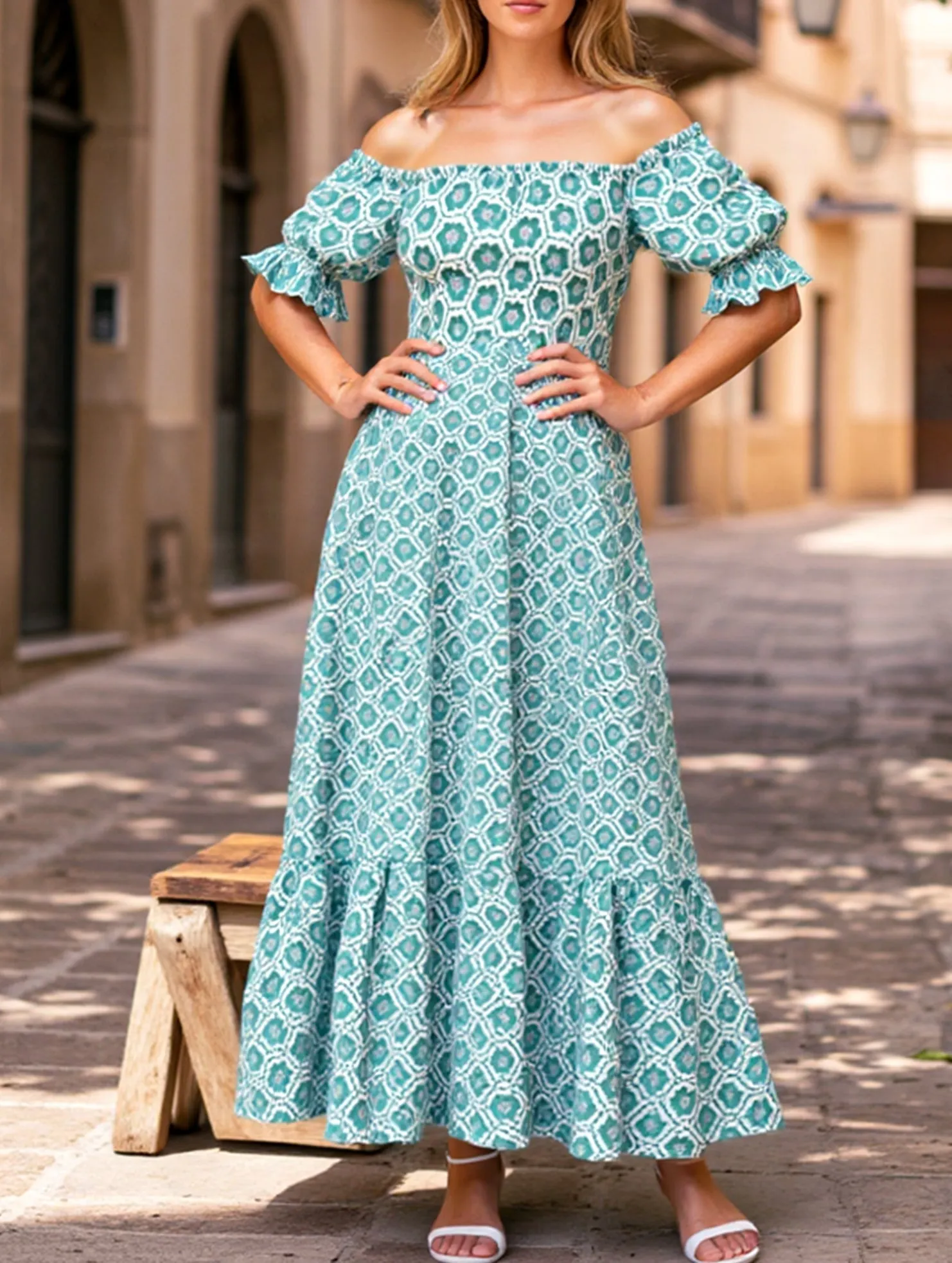 Muted Tones Perfect For Work Printed Puffed Sleeve Maxi Swing Dress ??Elegant High-Waist Flowy Dress for All Seasons
