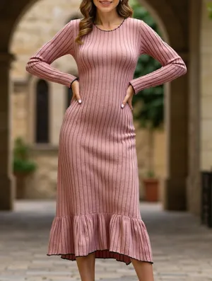 Feminine Layers Clean Edge Ruffle hem solid color long sleeve dress