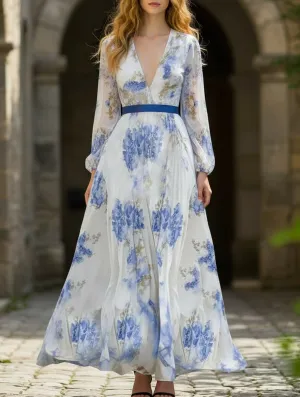 Romantic Vibes Dew Tone V-neck printed long dress