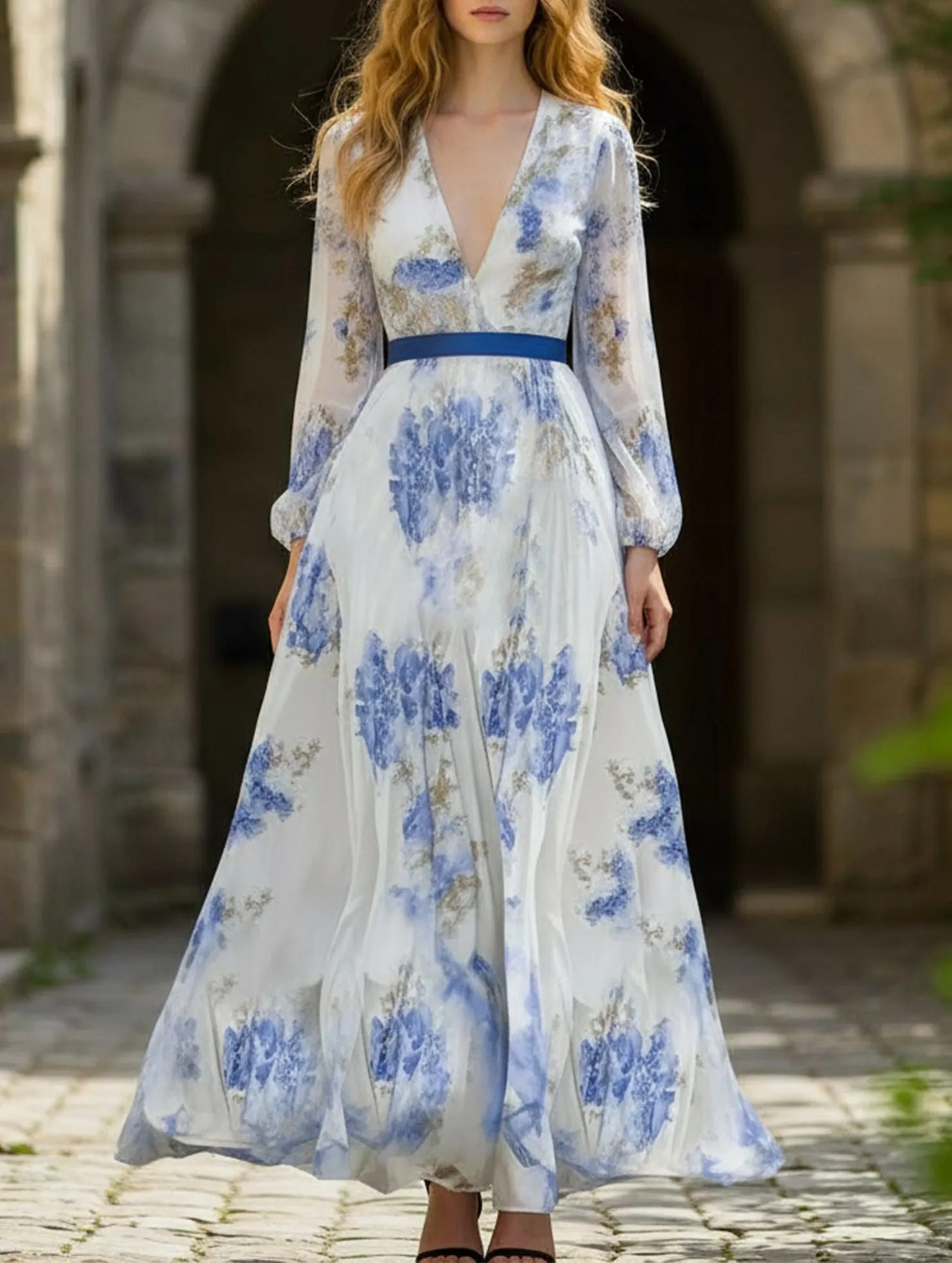 V-neck printed long dress Classic sheath dress Occasion Ready