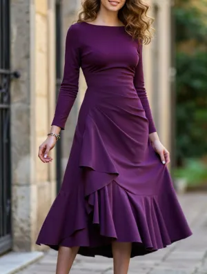Street Casual Relaxed Fit Solid color long sleeve round neck women dress