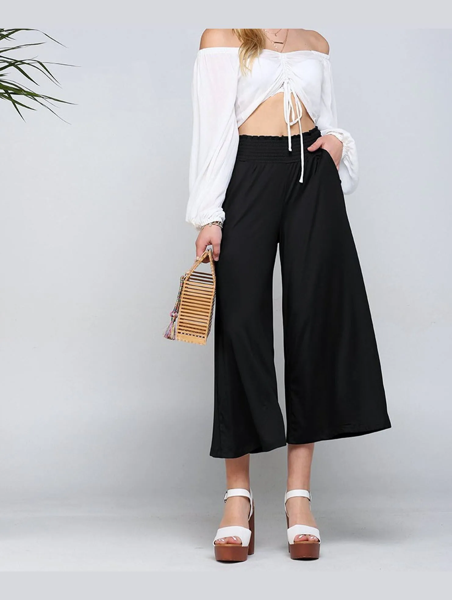 SMOCKED WAIST BEND GAUCHO PANTS MachineWashable Odor Resistant Treatment