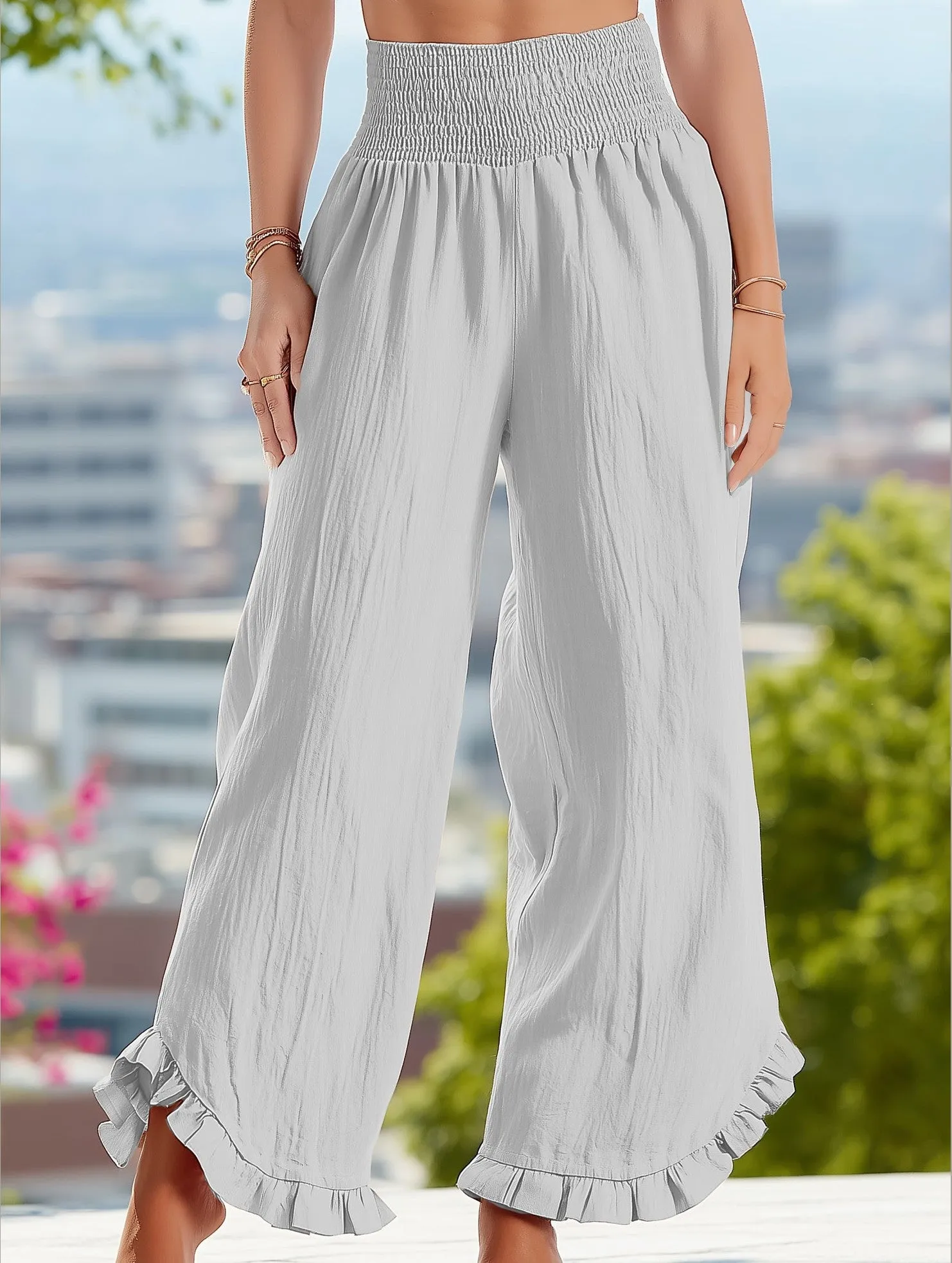 Smocked Waist Ruffled Wide-Leg Pants ??Casual High-Rise Flowy Trousers Smart Comfort AntiStaticTreatment