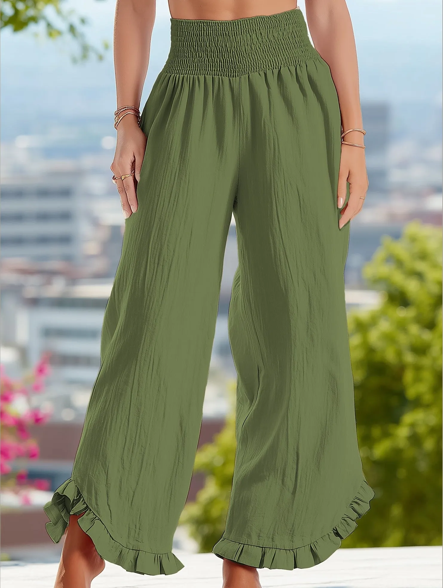 Smocked Waist Ruffled Wide-Leg Pants ??Casual High-Rise Flowy Trousers Rubberized Hem