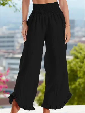 Smocked Waist Ruffled Wide-Leg Pants ??Casual High-Rise Flowy Trousers Flattering Shape