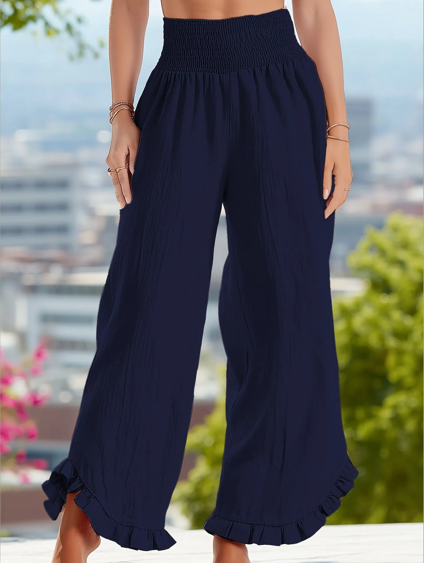 Smocked Waist Ruffled Wide-Leg Pants ??Casual High-Rise Flowy Trousers Classic Cut