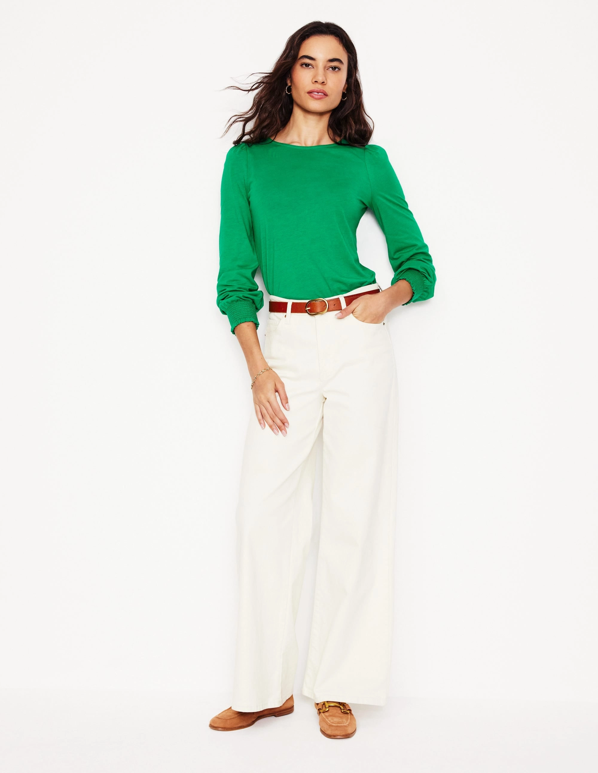 Smocked Cuff Supersoft Top-Rich Emerald Structured Shoulder