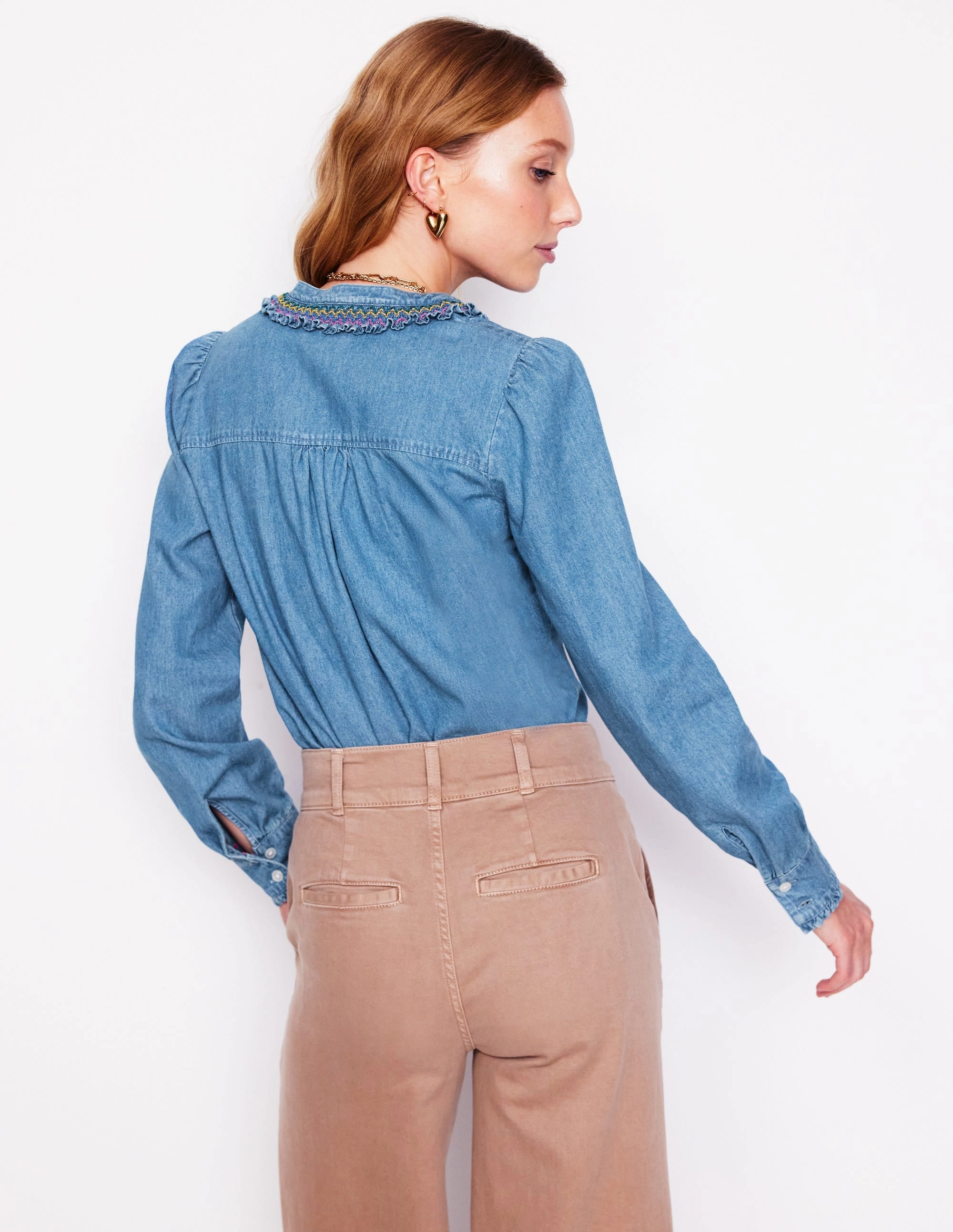 Smocked Neck Denim Shirt-Light Authentic VNeck Style ColorfastMaterial