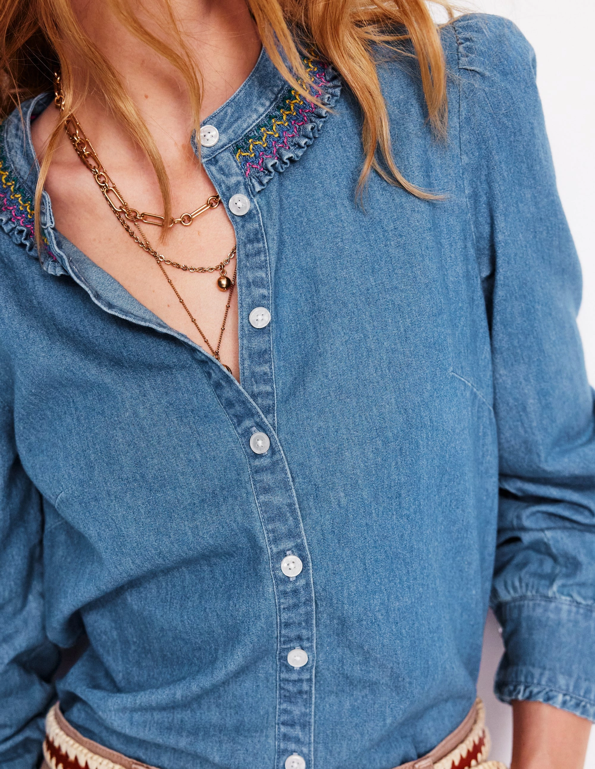 Smocked Neck Denim Shirt-Light Authentic ContrastTipping SnagResistant Fabric