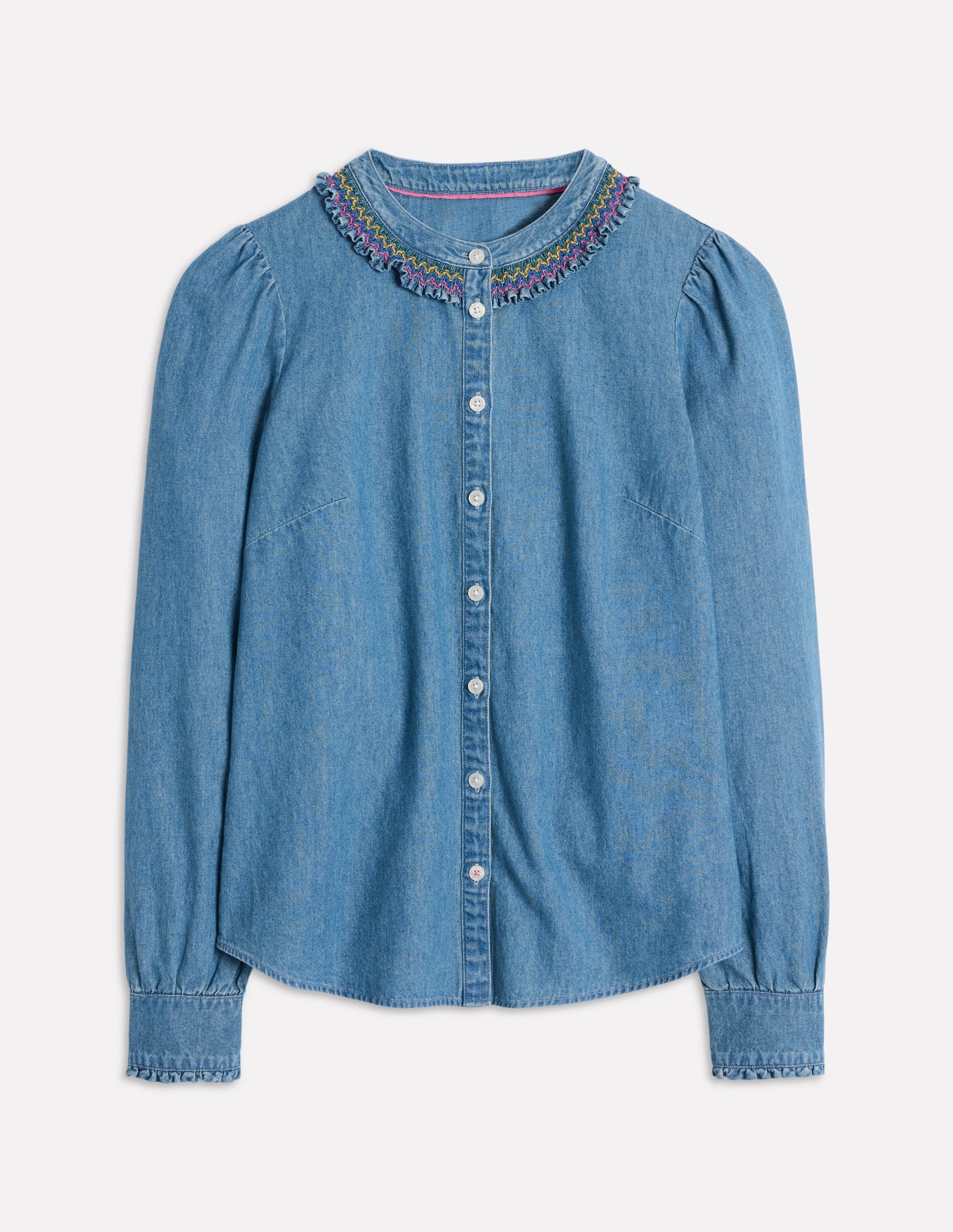 UVProtectionCoating Sustainable Textile Smocked Neck Denim Shirt-Light Authentic