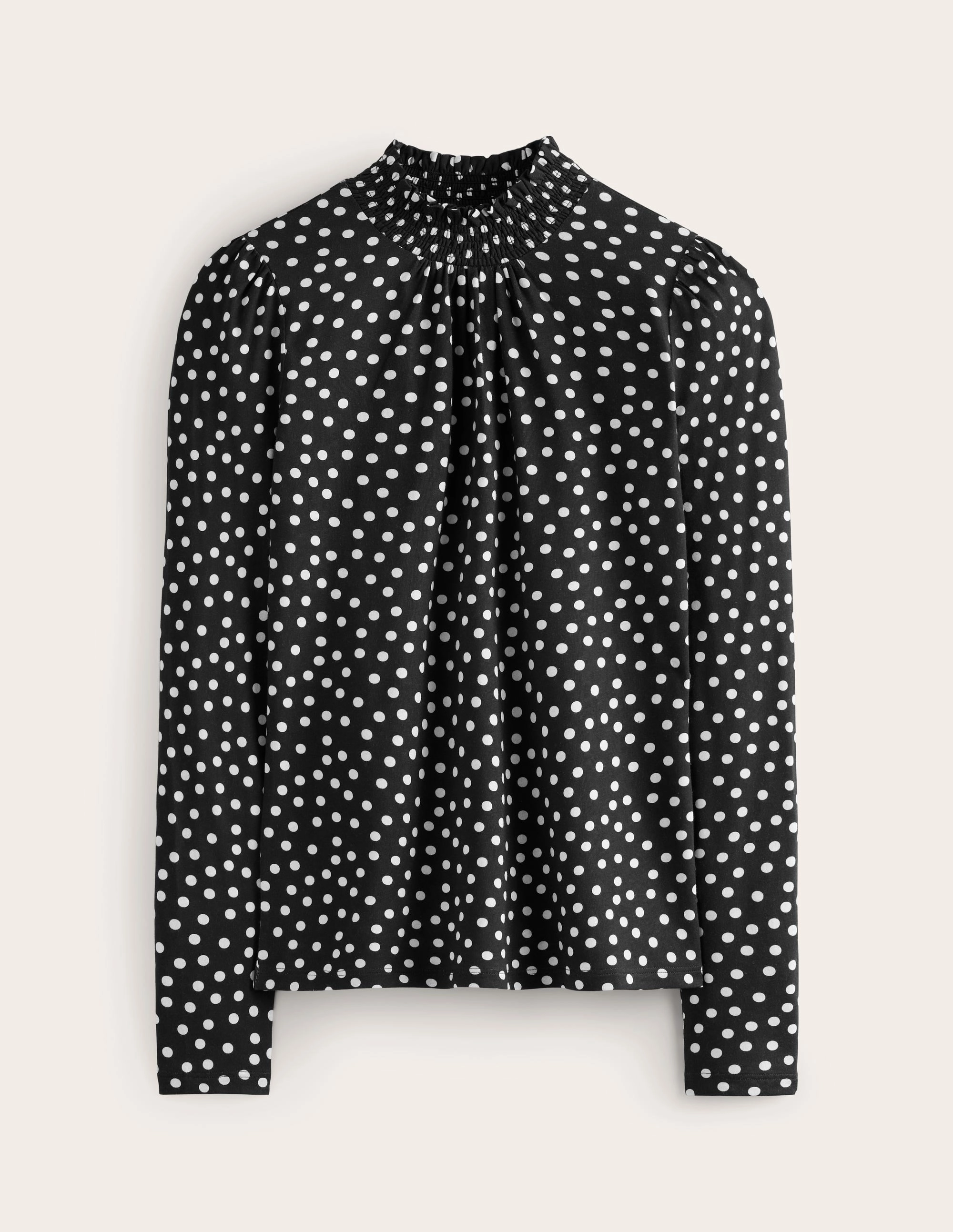 Smocked Neck Printed Top-Black, Milkshake Spot TwillWeave BrushedInnerLining