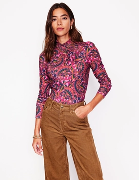 Flatlock Seam Technology Smocked Neck Printed Top-Jam, Kaleidoscopic Paisley