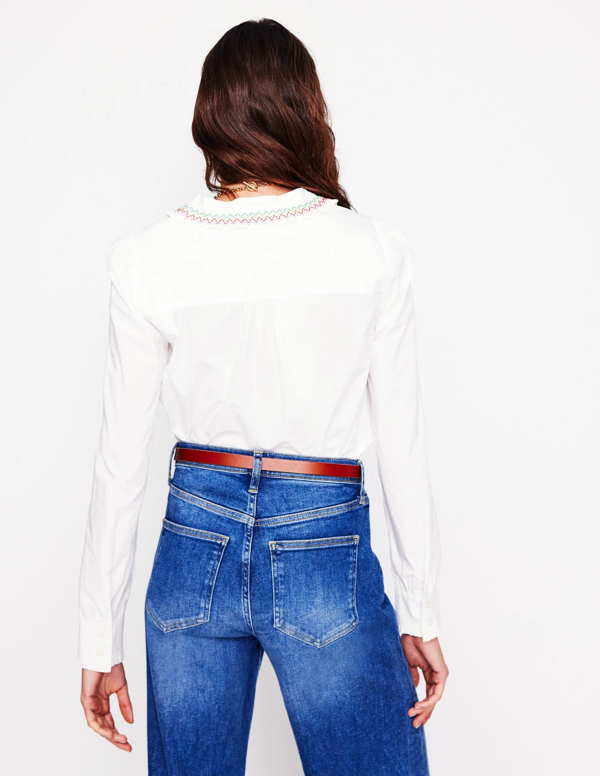 Glow In The Dark Accent Trim Brushed Microfiber Surface Smocked Neck Shirt-White, Multi Stitching