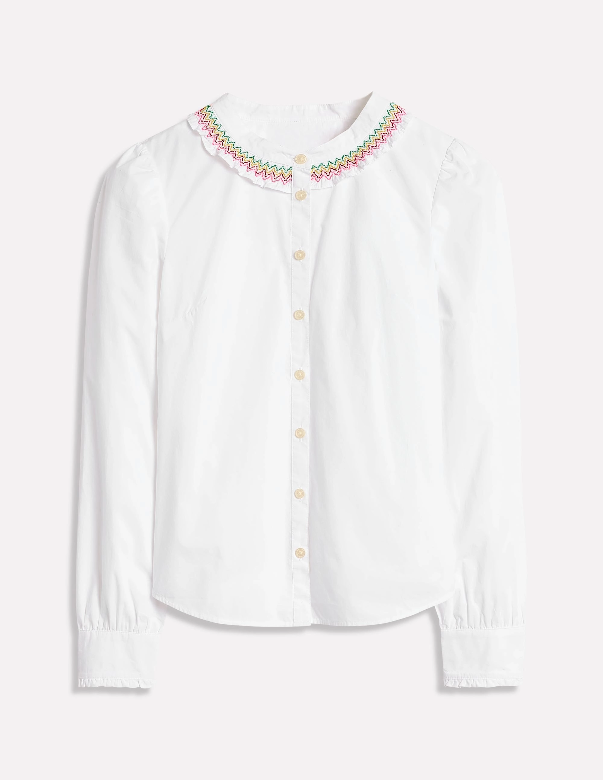 Quick Access Pockets Rolled Hem Detailing Smocked Neck Shirt-White, Multi Stitching